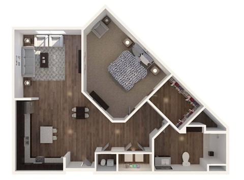 Floor plan for 1 bed, 1 bath, 762 sqft